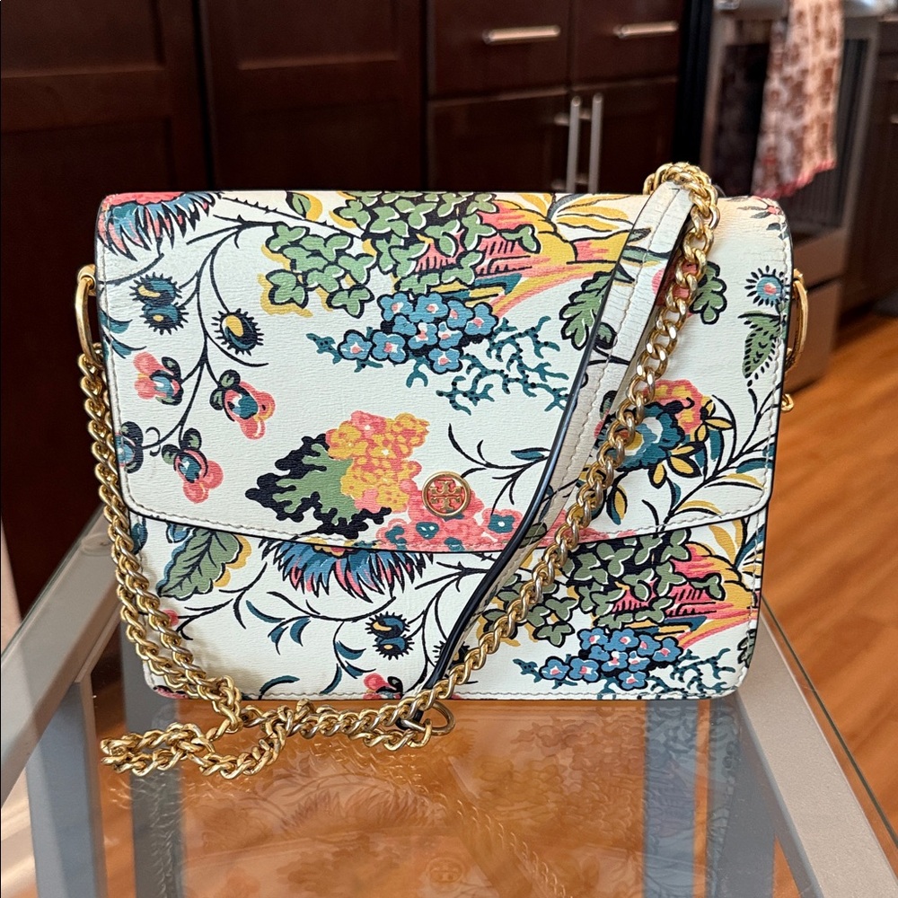 Tory Burch Floral Crossbody Bag with Gold Chain